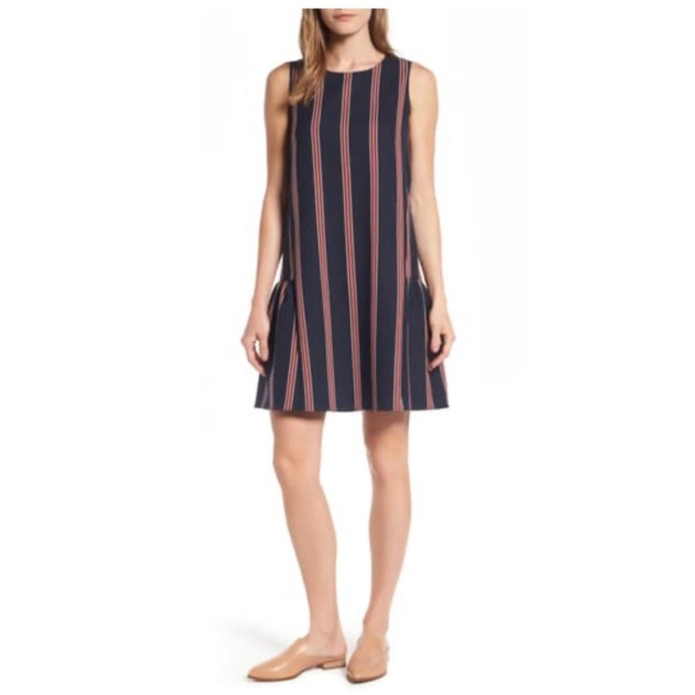 Halogen Navy Strioed Flounce Back Shift Dress - image 1